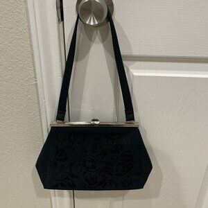 Women's Black Fabric Purse with Embroidered Design